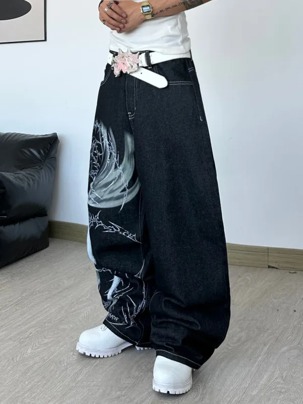 Men's High Street Dark Anime Character Thorn Print Black Baggy Wide-Leg Jeans Y2K Street Hip-Hop Punk Fashion Versatile Pants