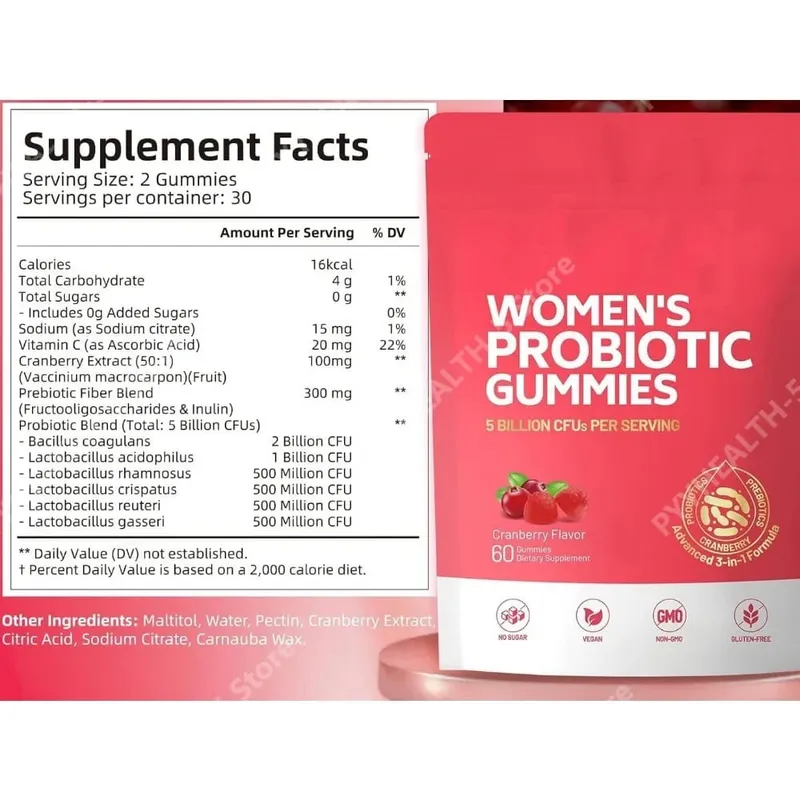 Women Probiotic Gummies with Prebiotic Fiber 5 Billion CFU Support Gut Digestive Balance Immune Defense Women PH Wellness 60 Ct — image 6