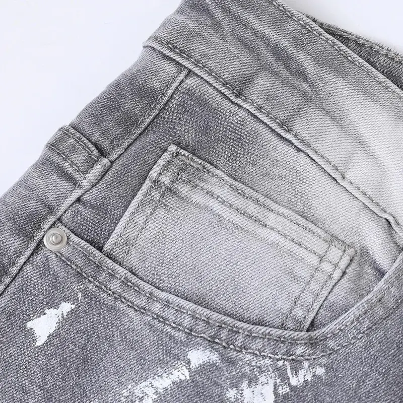 Men Painted Flared Denim Jeans Spliced Slim Boot Cut Pants Vintage Grey Cotton Released Hem Trousers — image 4