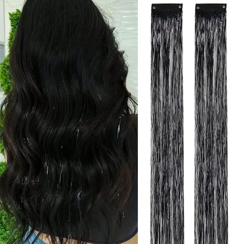 2PCS Synthetic Hair Tinsel Clip in Extensions Colored Sparkle Hair Tinsel Kit with BB Clip for Kids Girls Christmas Party Use