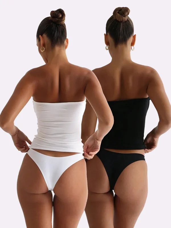 2 Pack Solid Strapless Tube Top Women Soft Stretch Sleeveless Slim Basic Elegant Layering Bandeau Cami Daily Casual Outfit