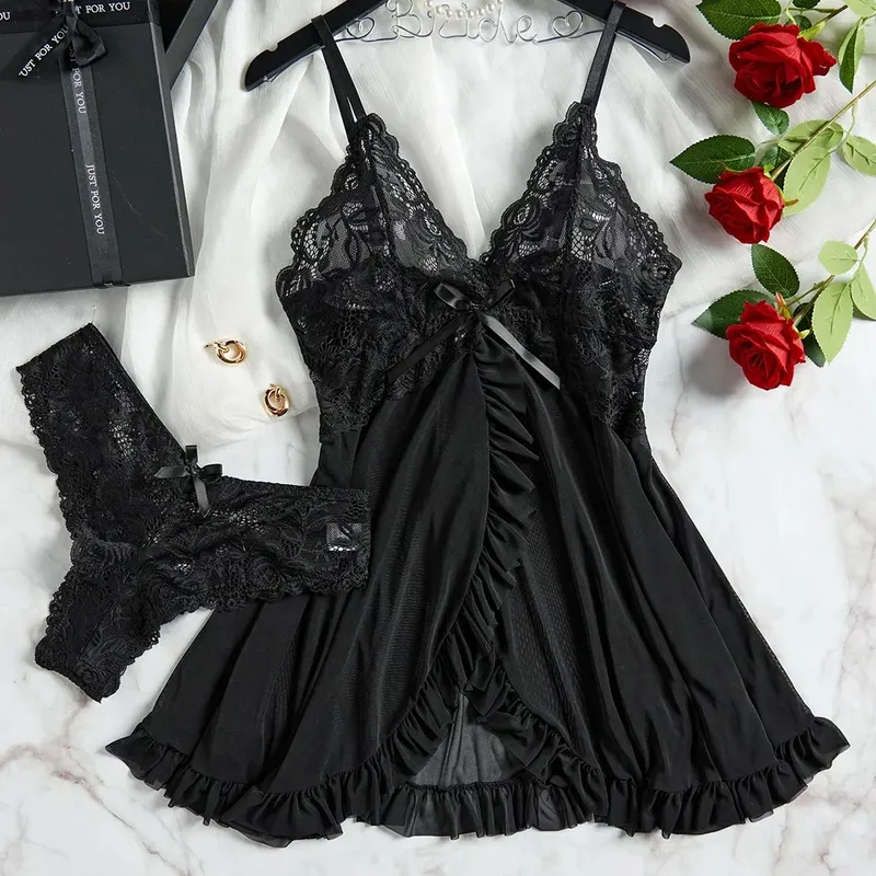 Women Lace Lingerie Set Solid Soft Slim Bra Nightdress Sexy Sleepwear For Women — image 8