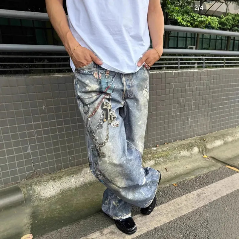 Street 3D Printed Candy Chain Denim Washed Jeans Baggy Fashion Curved Blade Harem Jeans Pants Men Y2k Wide Leg Trousers