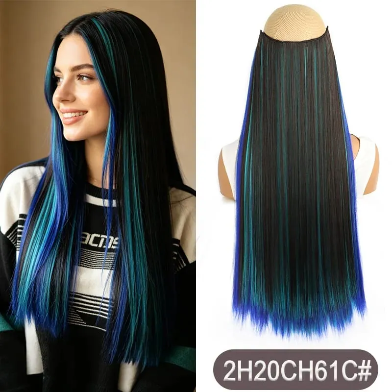 Synthetic 24Inch Long Straight One Piece Rainbow Highlight Clip In Hair Extensions for Women Daily Use Easy Wear