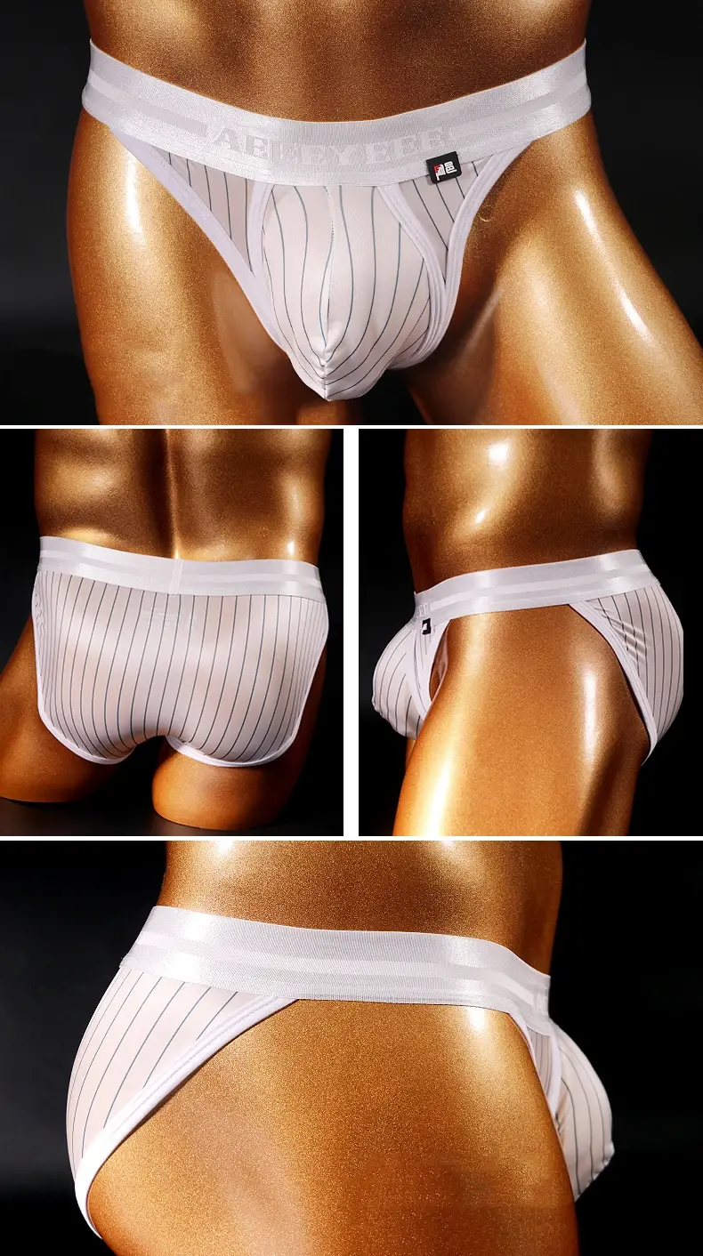 Men's Underwear Satin Ice Silk Striped Boxer Briefs with Low-Rise Waistband and High-Cut Crotch Underpants