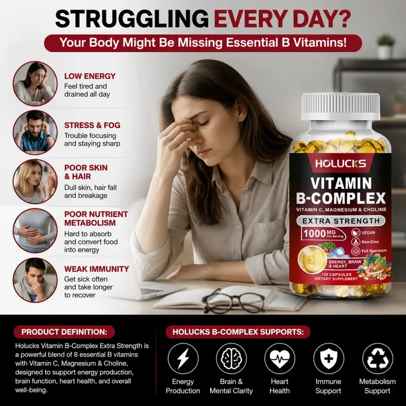 Vitamin B Complex Supplement Rich in B1 B2 B3 B5 B6 Biotin Strength Energy Support Brain & Heart Promote Metabolism