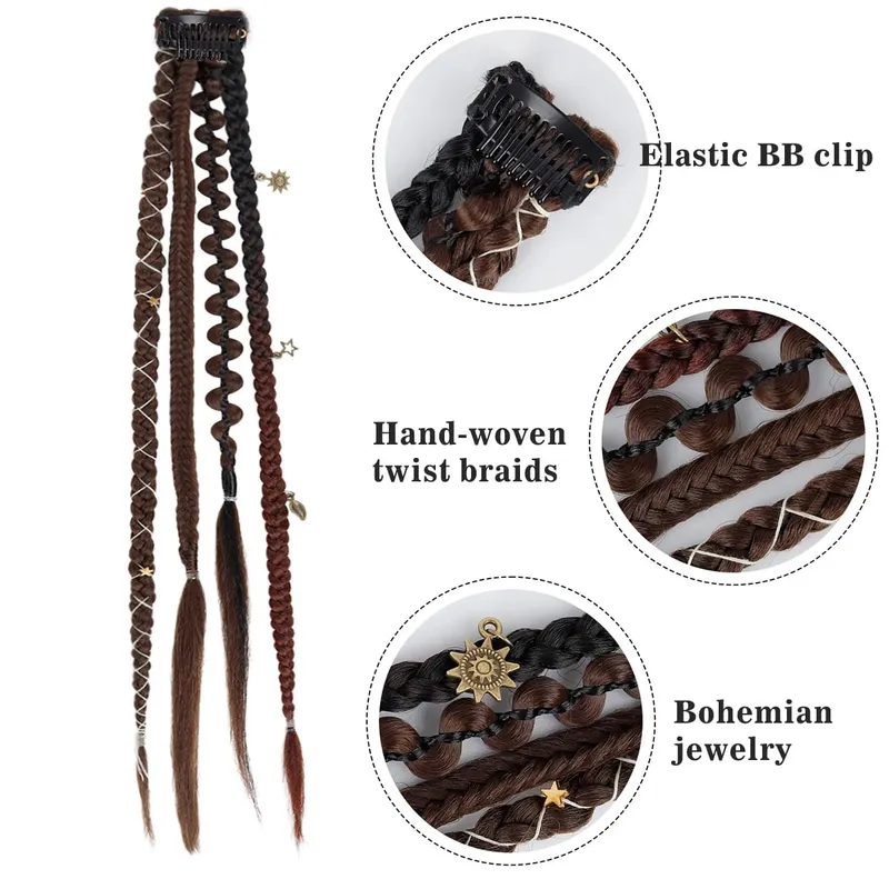 Boho Ombre Burgundy Braided Ponytail Hair Extensions Synthetic Braids With Bohemian Viking Hair Pieces For Women Carnival Party — image 3