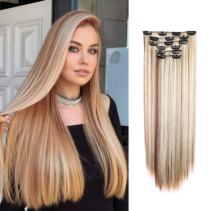 Synthetic Clip in Hair Extensions Clip in 6pcs set Straight Hair 22inch Thick Hairpieces for Women Girls Daily Party — image 18