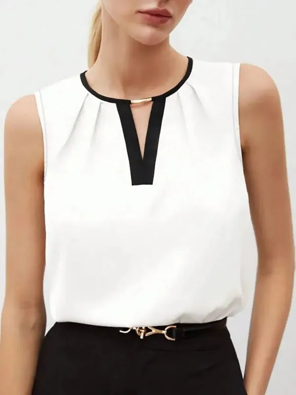 Women's Tank Top Spring Summer White Black Contrast Trim V Neck Sleeveless Loose Elegant Office Daily Work Top
