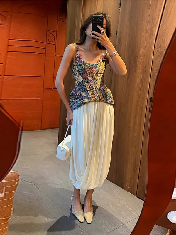 Vintage Floral U Neck Spaghetti Strap Corset Cami Top Curved Hem Fitted 2026 Summer Women Slim Tank Causla Versatlie Lady Top