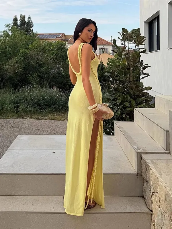 Braided Trim Sexy High Slit Dress Lady Sleeveless Hollow Out Backless Bodycon Maxi Dresses 2026 Summer Elegant Chic Evening Gown — image 5
