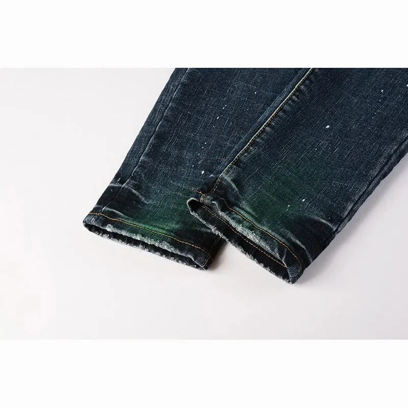 Men's Slim Taper Vintage Distressed Ripped Jeans Blue Gradient Green Red Paint Splatter Button Fly High Street Fashion Denim Pan