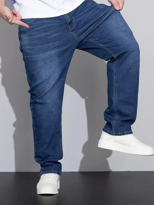 Men's Stretch Straight Jeans Plus Size Loose Fit Denim Trousers For Big Belly Guys Casual Long Pants Big Sizes To 50