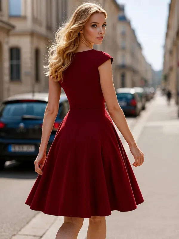 Women's Elegant Round Neck Summer Short Sleeve Solid A-Line Knee-length Dress High Waist Swagger Party Wedding Casual Departure