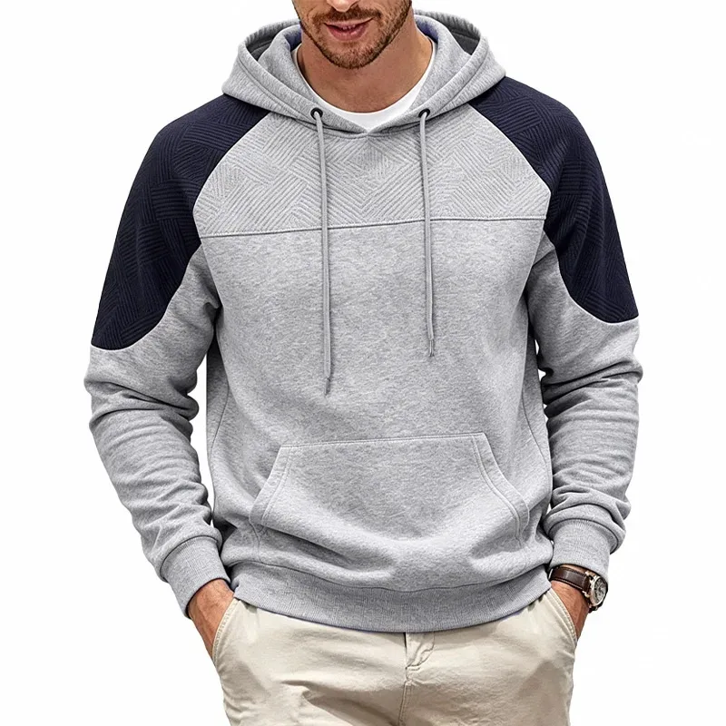 Men Patchwork Color Block Pullover Hoodie Drawstring Kangaroo Pocket Long Sleeve Loose Sweatshirt Autumn Winter Streetwear Tops — image 24