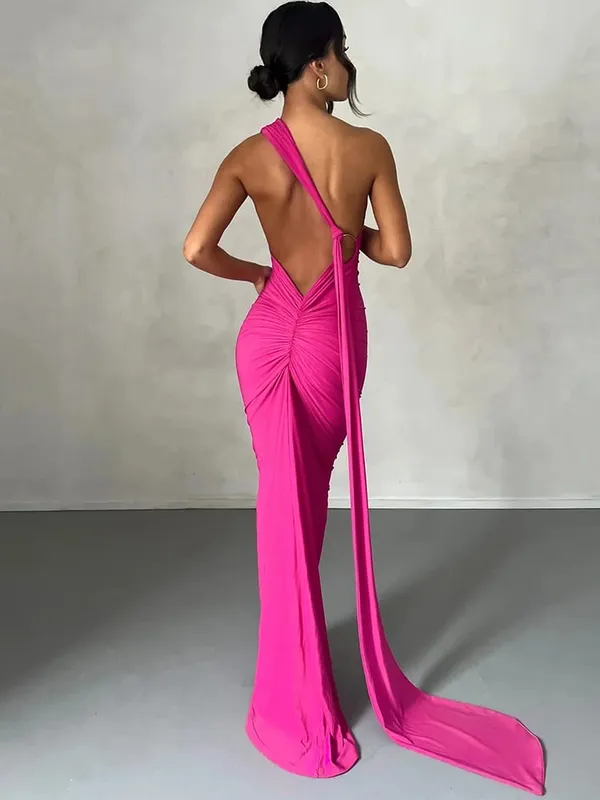 Hugcitar Eine Schulter, rückenfrei, verstellbar, mit Schal, Schleife, gerafft, sexy Maxikleid, 2025, Damen, elegantes Y2K-Streetwear-Festival-Outfit