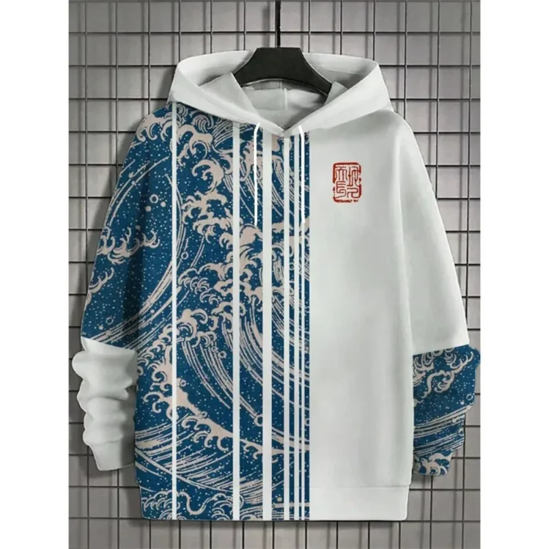 Fuji Mountain Lake Scenery Black Cat Graphic Hoodie Men Pullover Hooded Sweatshirt