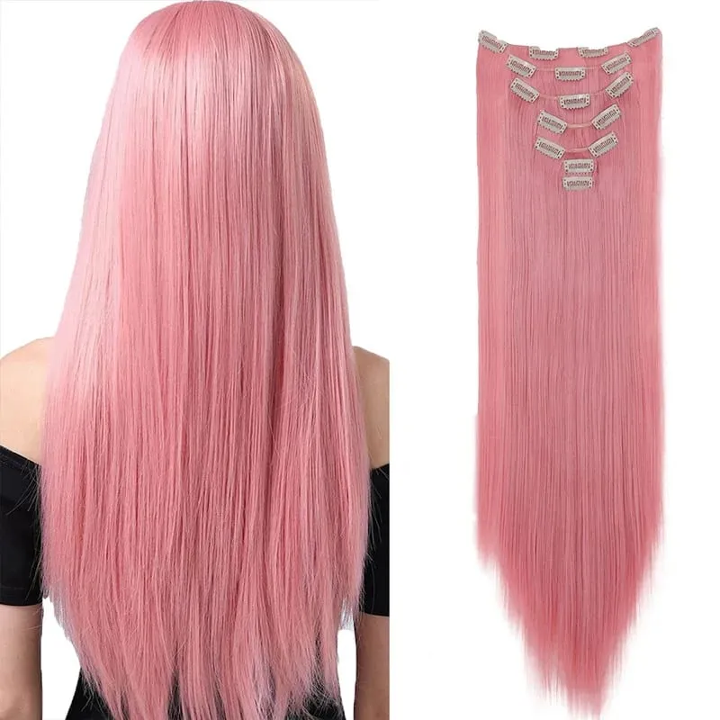 7 Clips In Hair Extensions Long Straight Hairstyle Pink 60CM Natural Synthetic Hair Daily Use Hairpiece For Women — image 2