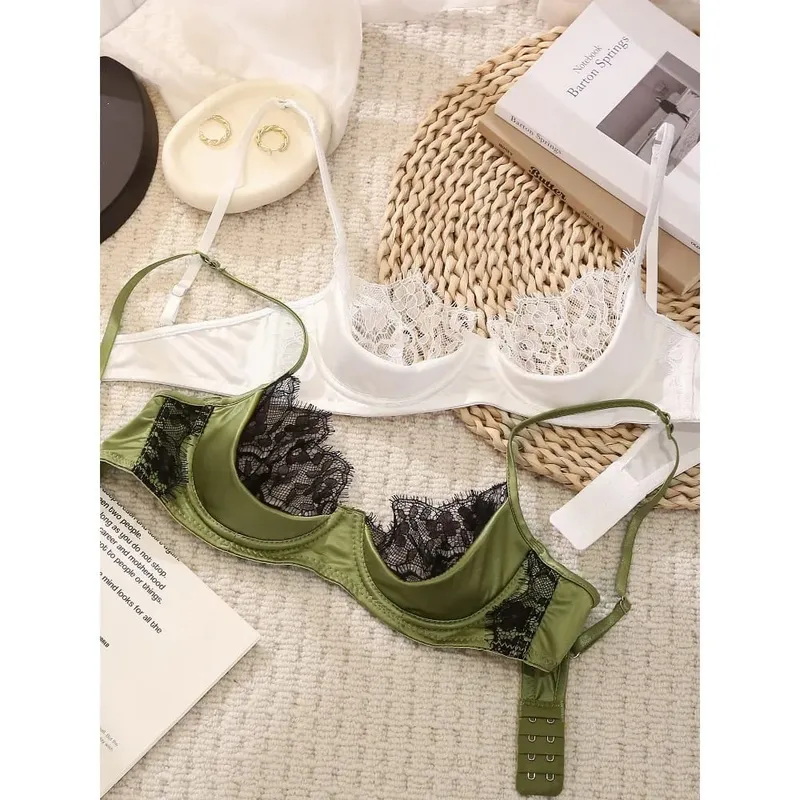 Women French Lace Half Cup Lingerie Set Green Ultra Manipis Sheer Soft Kumportable Underwire Bra Para sa Maliit na Bust 32‑38AB — image 3