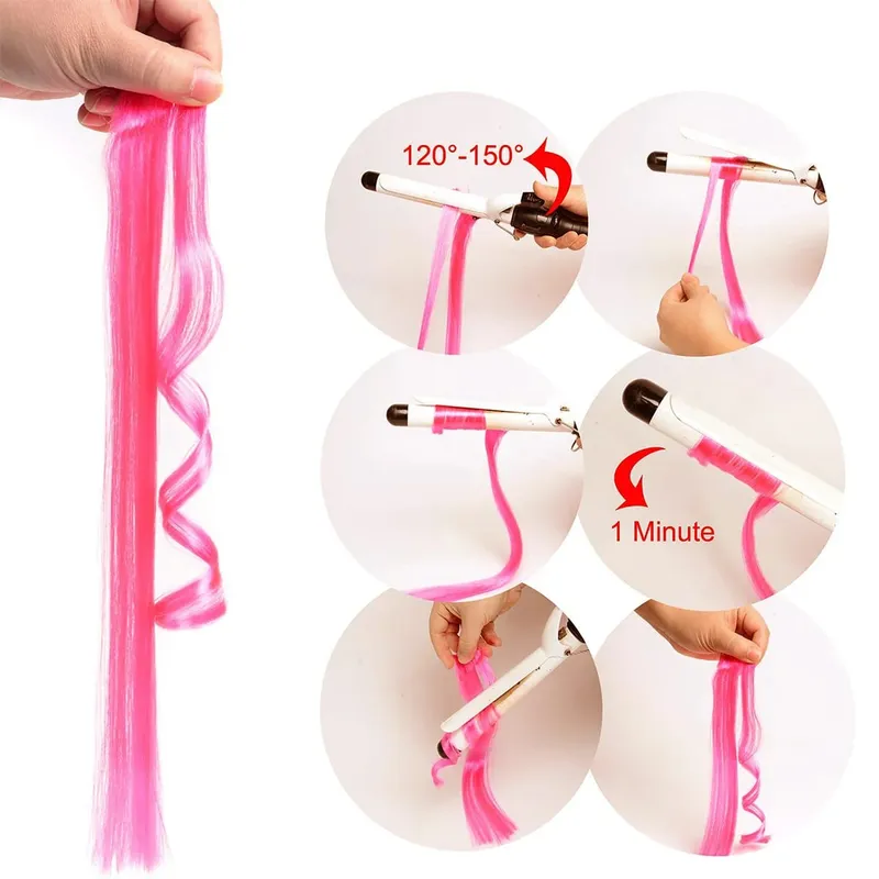 22Inch 10Pcs Colored Highlight Synthetic Hair Extensions Pink Straight Hairpieces for Women Kids Girls Party Cosplay