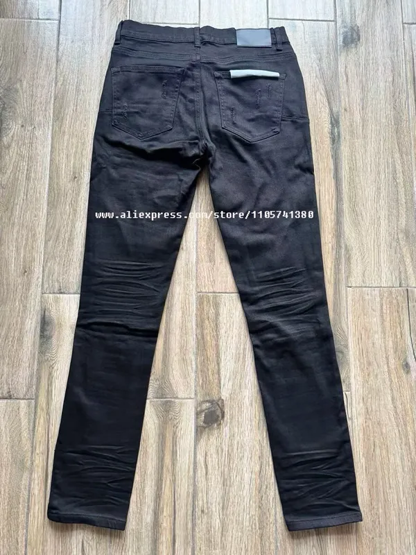 Men's High Street American Fashion Style Jeans Distressed Black Damaged Holes Stretch Skinny Button Fly Ripped Jeans
