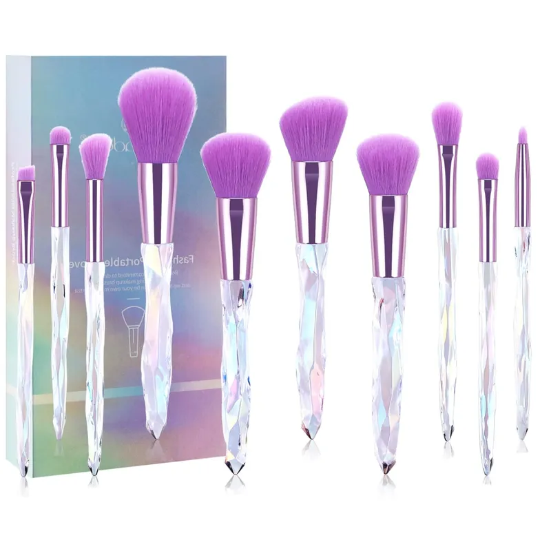 10Pcs Shiny Crystal Handle Makeup Brush Set with Case Round Loose Powder Brush & Flat Foundation Brush for Eye Makeup