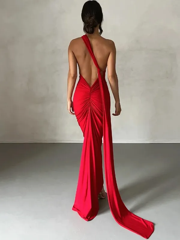 Hugcitar Eine Schulter, rückenfrei, verstellbar, mit Schal, Schleife, gerafft, sexy Maxikleid, 2025, Damen, elegantes Y2K-Streetwear-Festival-Outfit