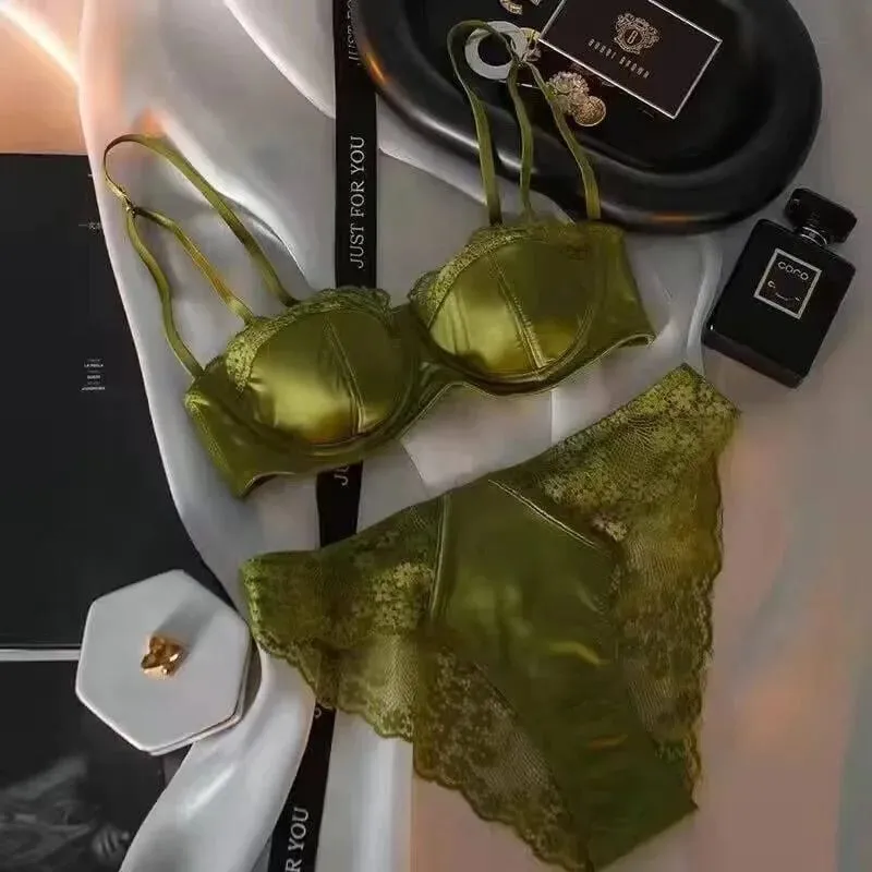 Sexy Satin Half Cup Bra Set with Steel Ring Thin Comfortable Upper Support Green Lace Edge Glossy Lingerie for Women