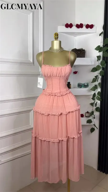 Women Strap Sleeveless Ruffles A-line Midi Maxi Long Dress 2025 Summer Beach Holiday Vacation Vestidos Dresses