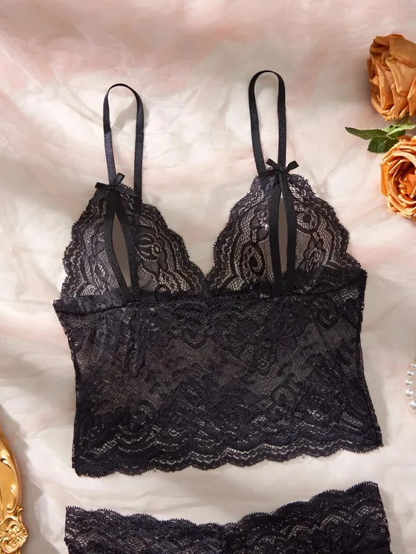 Women Black Open-Back Lace Two-Piece Panties Underwear Sleep Set — image 4