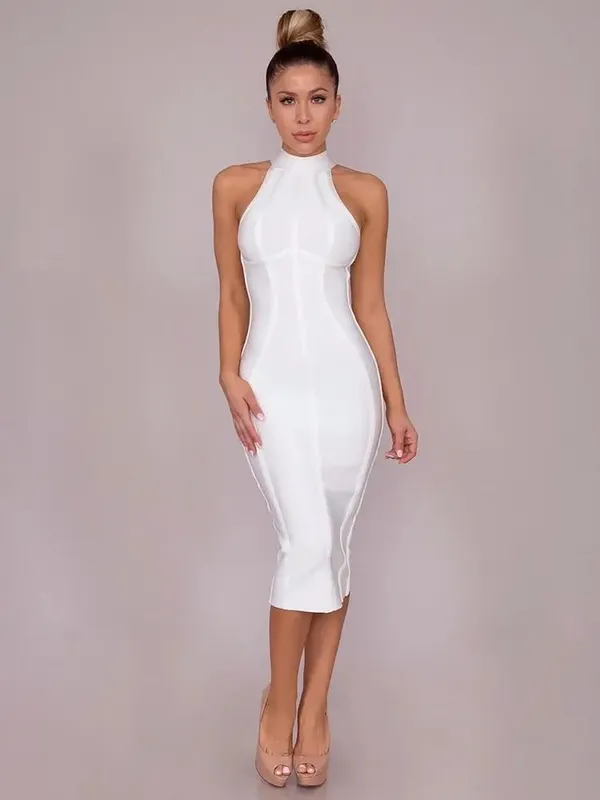 Sexy Summer Elegant Dress Elastic White Solid Stretched Empire Bodycon Dress 2024 Women Fashion Party Dress XL Wholesale
