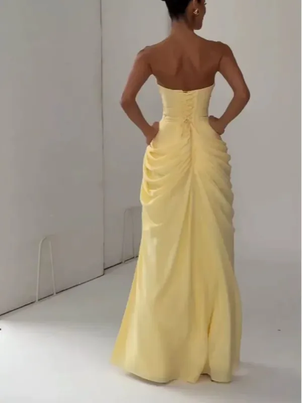 Elegant Yellow Strapless Pleated Dress Women Chic Sleeveless Waist Cinching Split Maxi Gowns Lady Evening Party Dresses 2026 New — image 4
