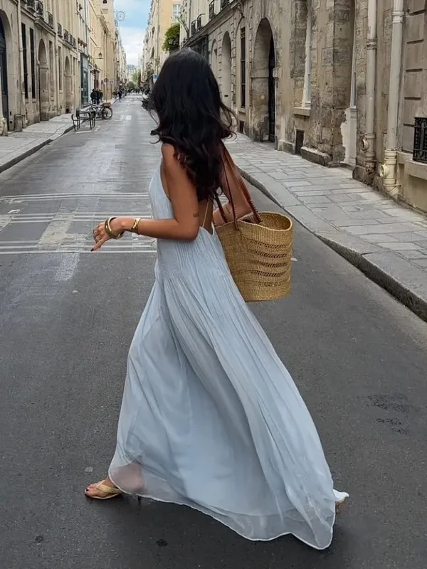 Sexy dámské jednobarevné plisované dlouhé šaty elegantní bez rukávů podvazkové šaty slim fit šaty na plážový večírek