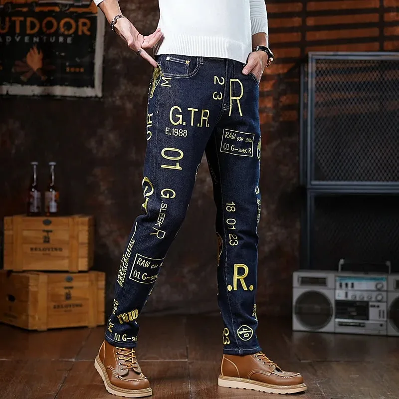 High end 2025 autumn new slim fit small leg pants for men personalized embroidery printed fashion trend jeans