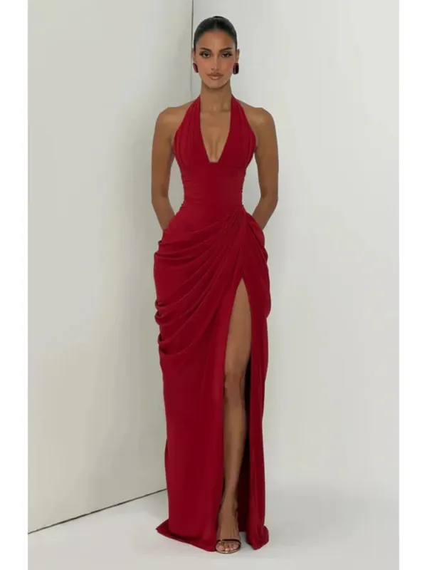 ผู้หญิงแฟชั่นจีบHalterชุดเอวCinchingแขนกุดBacklessแยกชุดMaxi 2026 เซ็กซี่ฤดูร้อนLady Party Gowns