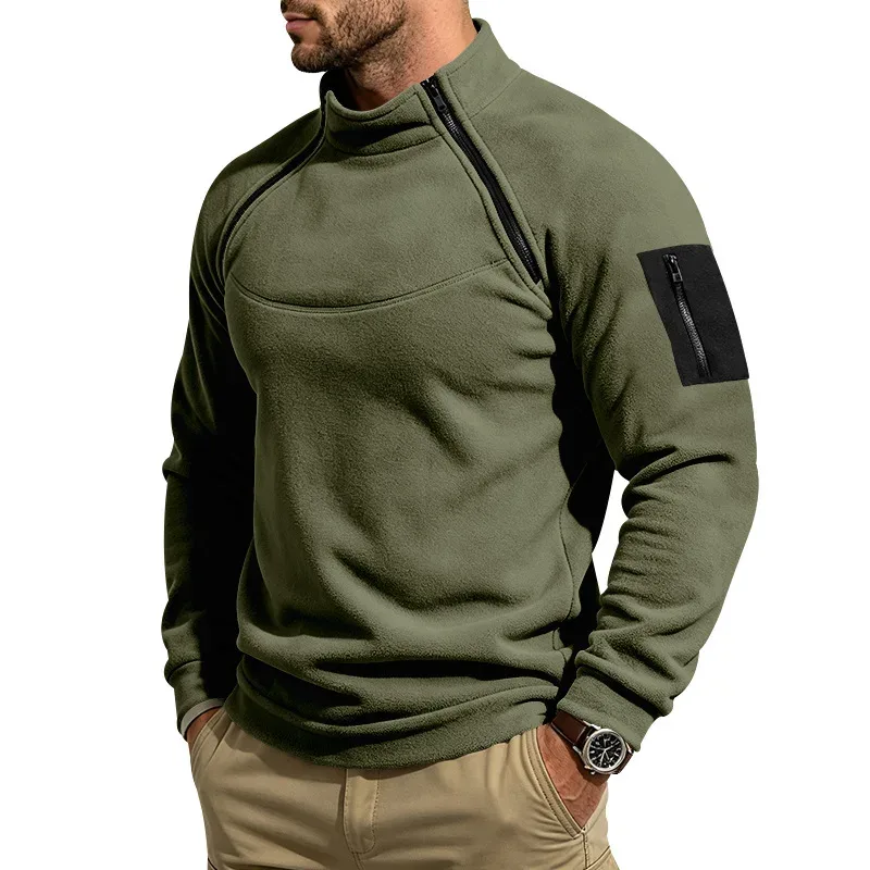 Men Fleece Stand Collar Sweatshirt Diagonal Zipper Arm Pocket Long Sleeve Loose Casual Pullover Autumn Winter Outdoor Tops — image 10