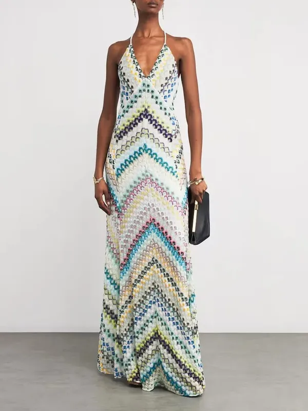 Robe longue imprimée Sexy, col en V, col licou, pour femmes, nouvelle mode d'été, sans manches, dos nu, Slim, soirée en boîte de nuit