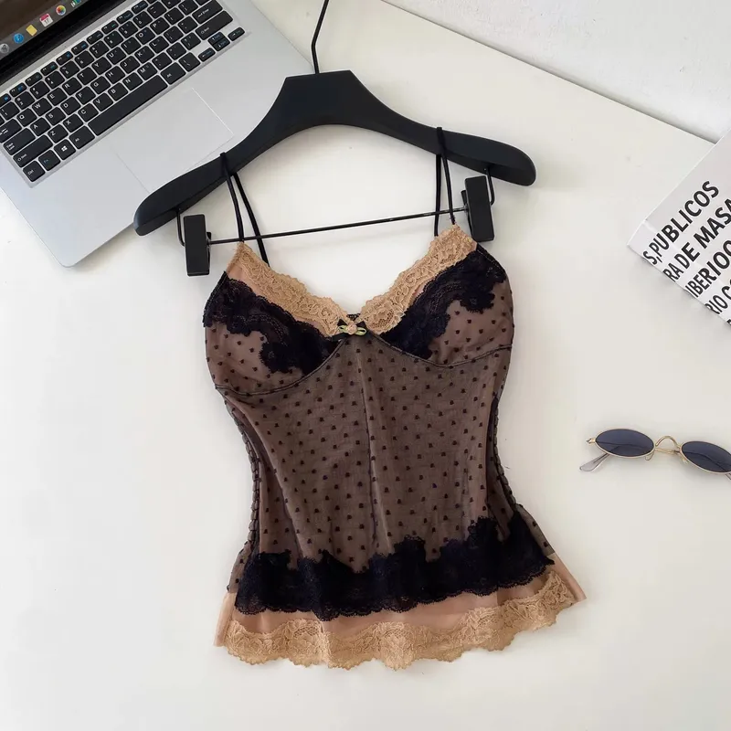 Polka Dot Mesh Lace Top French V Neck Shirred Stretchy Slim Backless Female Tank Top Summer Y2K Sensual Lazy Camisole