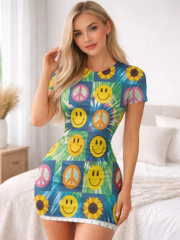 Womens Short Sleeve Bodycon Mini Dress Slim Fit Crew Neck Floral Print Casual Summer Party Cute Casual Holiday Clubwear Sundress