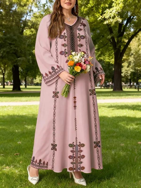 Middle Eastern Elegant Robe New Spring and Autumn Style Plus-Size Fashion Women's Clothing Ethnic Print Stylish Loose and Comfortable Holiday Style Long-Sleeve Dress