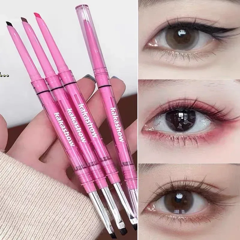 Double-headed Natural Black Eyeliner Gel with Brush Smudge-Proof Waterproof Creamy Smooth Rose Pink for Brows & Under Eye Makeup