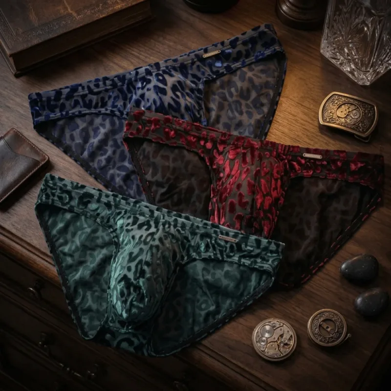 Quick Dry Ice Silk Men Briefs Lingerie Low Waist Sheer Underwear Convex Pouch Transparent Leopard Print Panties Male