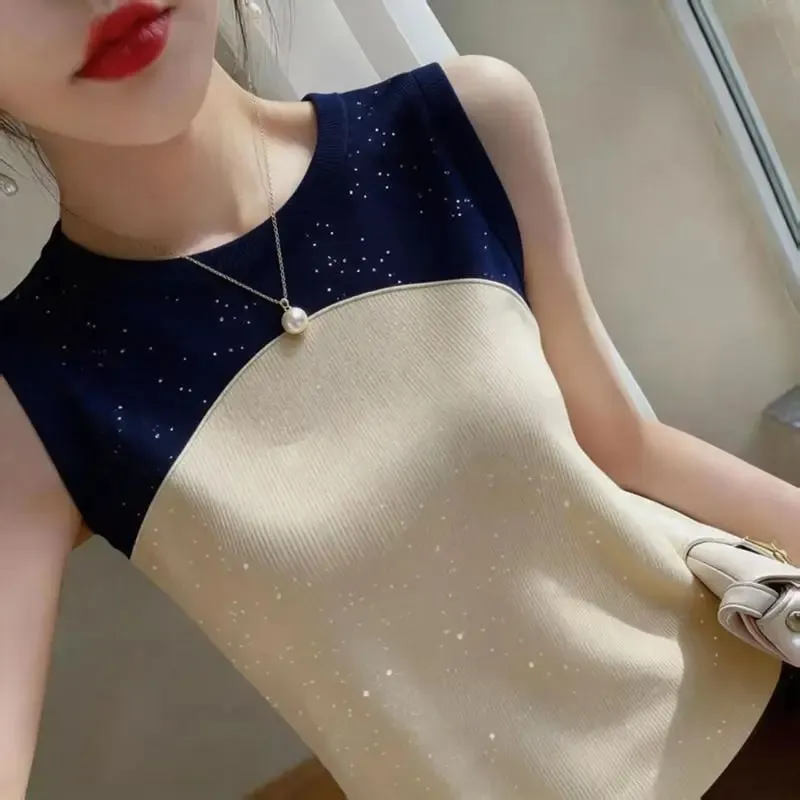 Sleeveless O-neck Contrast Patchwork Plus Size Elegant Tanks Summer Ice Silk Slim Vintage T Shirts Fashion Trend Women Clothing