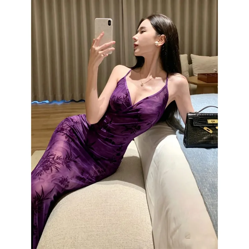 Elegant Purple Floral Print Deep V-Neck Strapless Dress Sexy Bodycon Skirt A-Line Silhouette Comfortable Mid-Length City Commute
