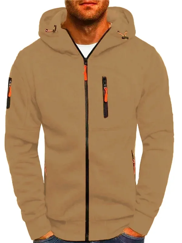 Men's Grey Hooded Sweatshirt Full Zipper Casual Sportswear with Pockets Orange Drawstring plus Size Available