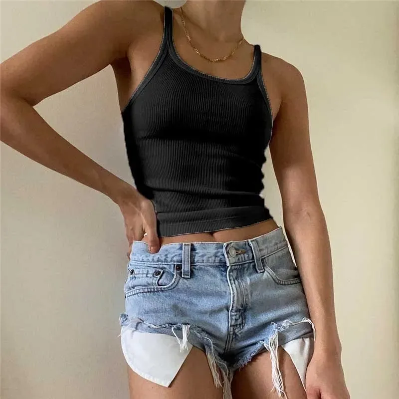 Threaded Knitted Strap Tank Top Slim Fit Outer Wear Inner Wear U-shaped Neck Women's Solid Color Women's Summer Tank Top
