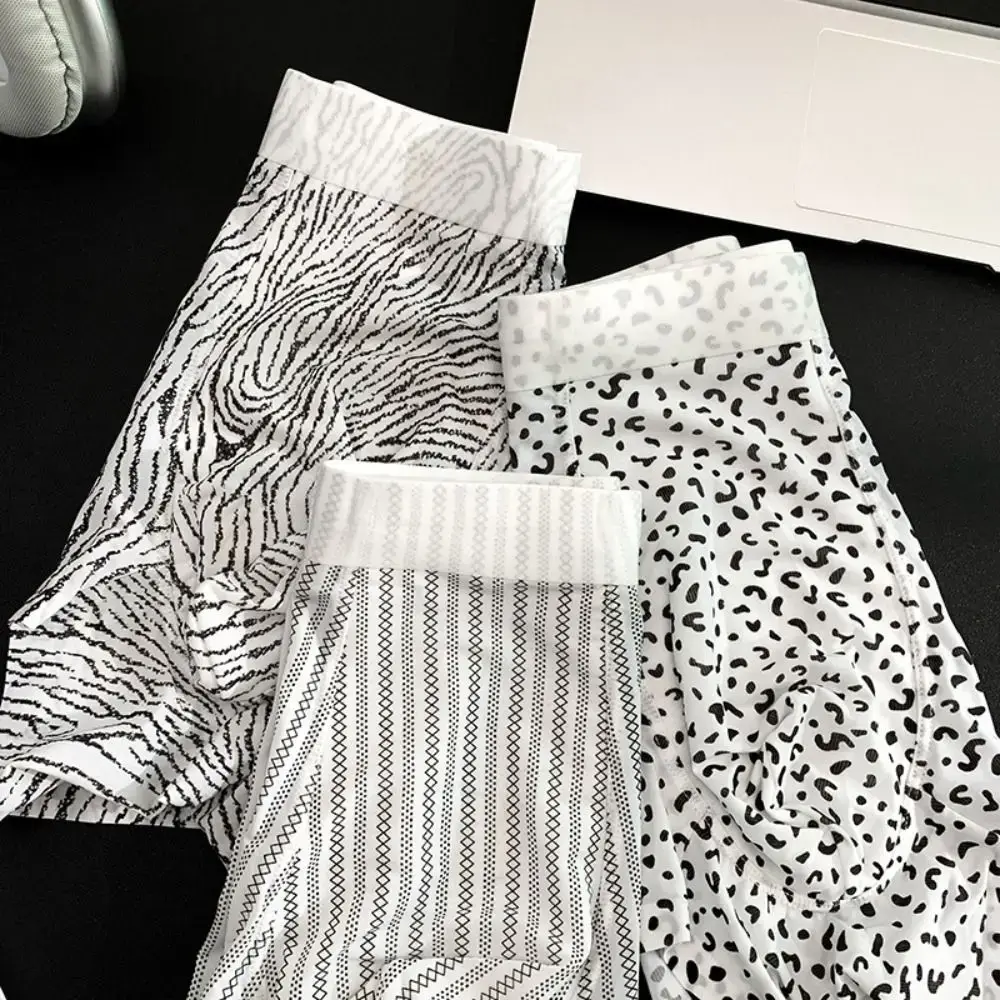 Fashion Manipis na Ice Silk Boxer Briefs na See Through Stripe Leopard Print Boxers Nakakahinga ng Seamless Cool Feeling Underpants Araw-araw