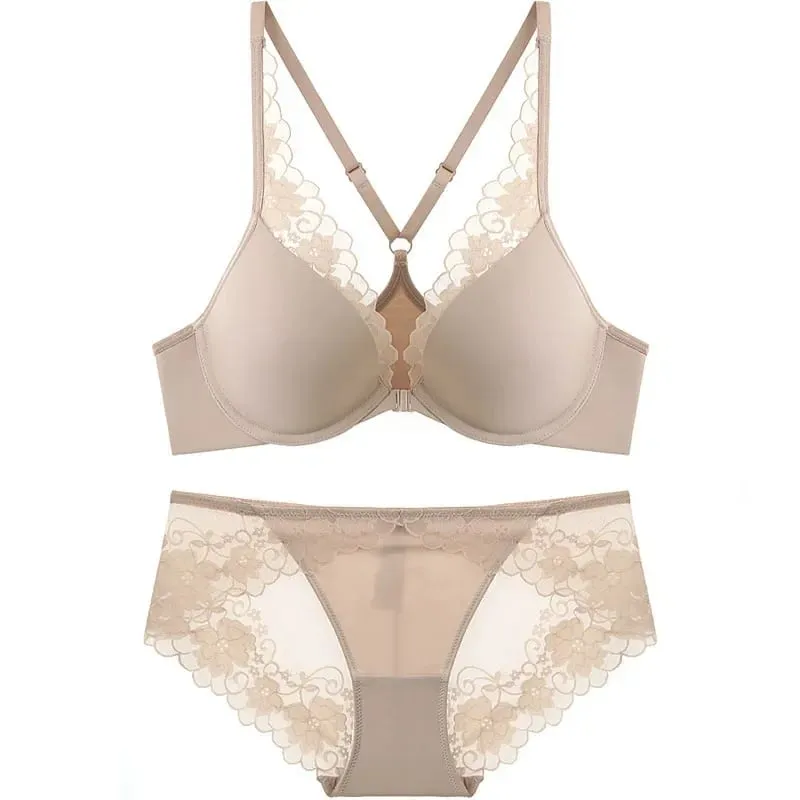Women Lace Bra Front Open See Through Brief Set Elegant Thin Lingerie Set Ladies Bra Set Underwear