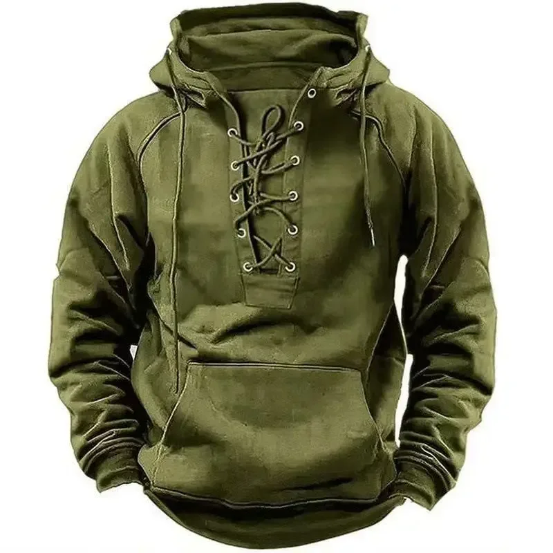 Autumn Fashion Mens Hooded Sweatshirts Lace-up Drawstring Long Sleeve Loose Hoodies Men Streetwear Vintage Solid Color Hoodies