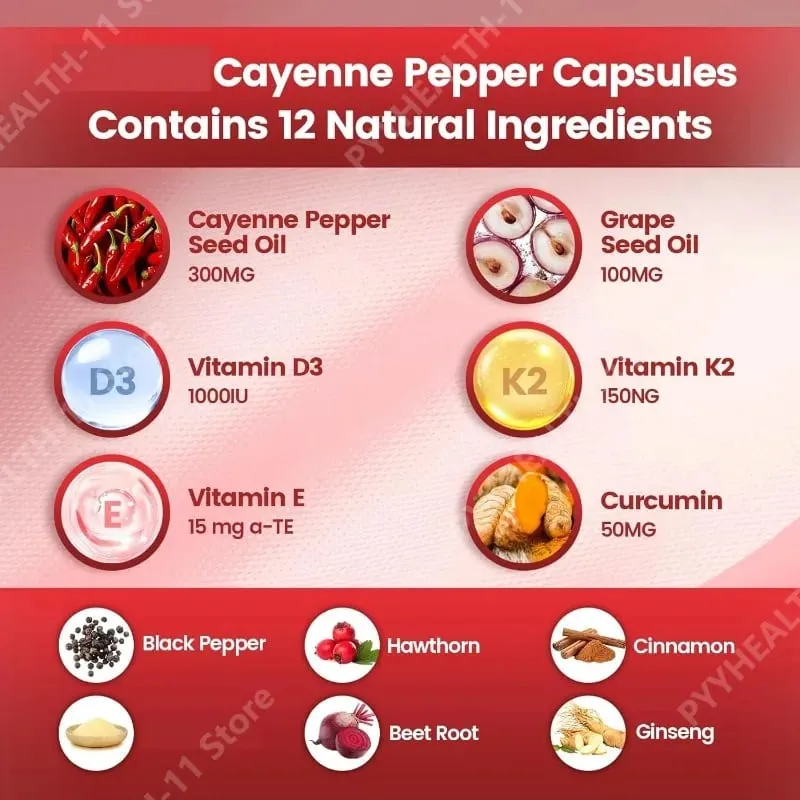 Supplément de gélules au poivre de Cayenne avec pépins de raisin betterave curcuma vitamines D3 K2 à base de plantes soutient la santé des vaisseaux sanguins des veines des jambes